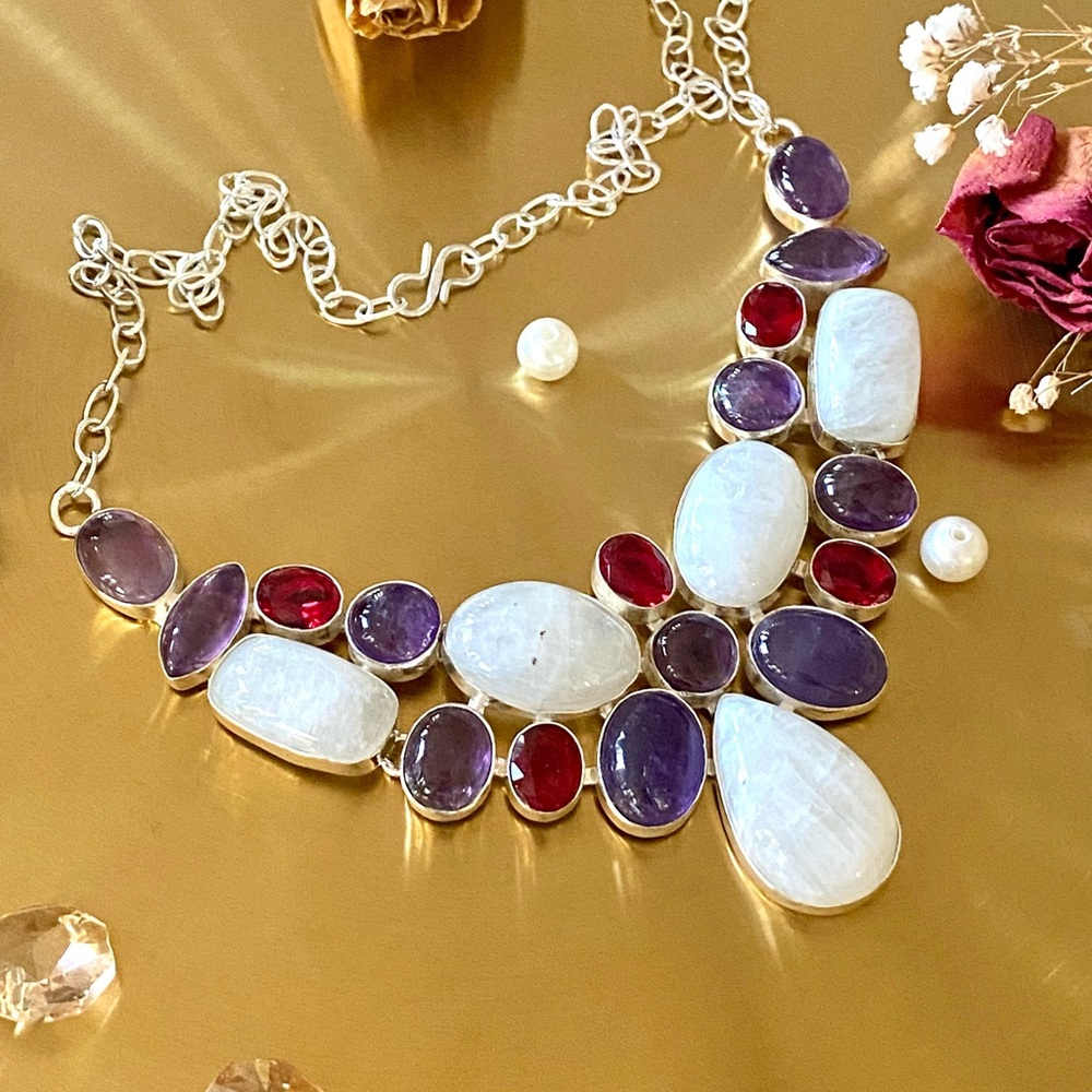 Rainbow Moonstone, Amethyst And Garnet Cluster Necklace - Picture 3 of 13